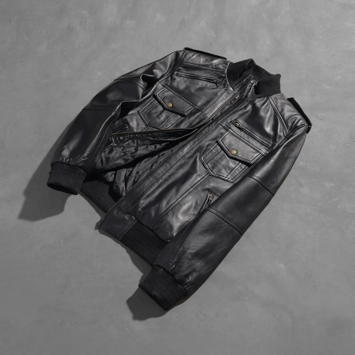 Mens Agent Shadow Black Leather Bomber Jacket - JH0014