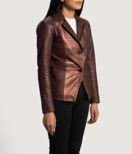 Womens Sheepskin Leather Ruby Metallic Maroon Leather Blazer - JH0076