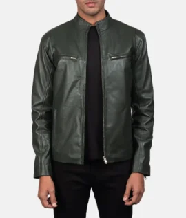 Mens Real Sheepskin Leather Ionic Green Leather Biker Jacket - JH0118