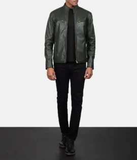 Mens Real Sheepskin Leather Ionic Green Leather Biker Jacket - JH0118