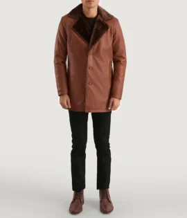 Mens Real Sheepskin Leather Cinnamon Brown Leather Fur Coat - JH0121