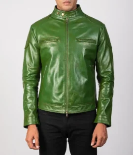 Mens Real Sheepskin Leather Gatsby Green Leather Biker Jacket - JH0119