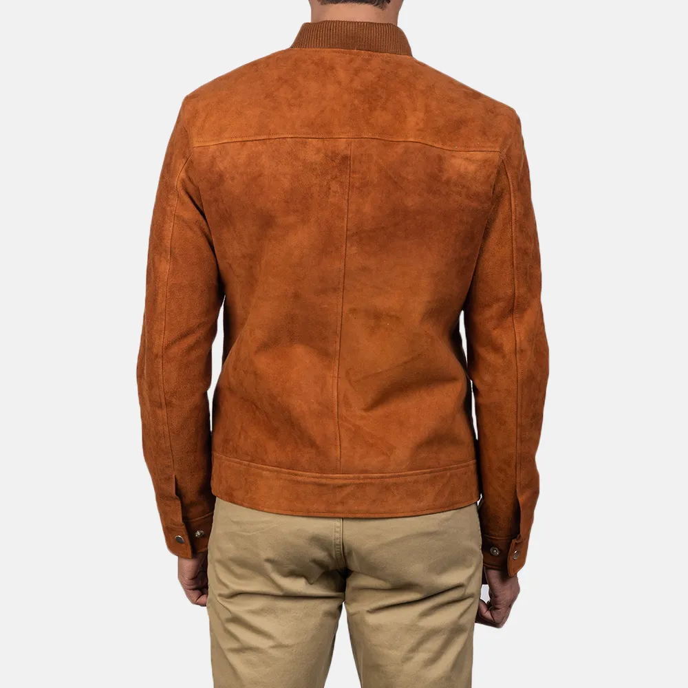 Mens Real Goatskin Leather Blain Brown Suede Bomber Jacket - JH0142