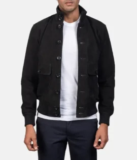 Mens Real Goatskin Leather Eaton Black Suede Bomber Jacket - JH0141