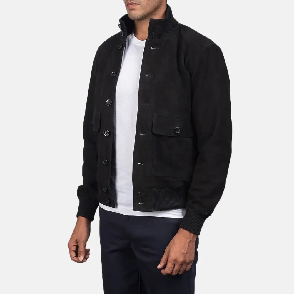 Mens Real Goatskin Leather Eaton Black Suede Bomber Jacket - JH0141