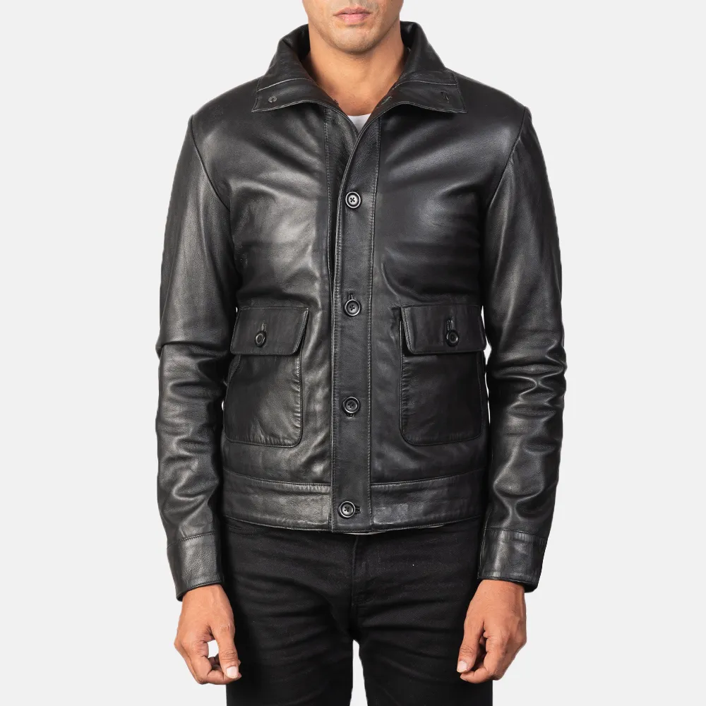 Mens Columbus Black Leather Bomber Jacket - JH0139