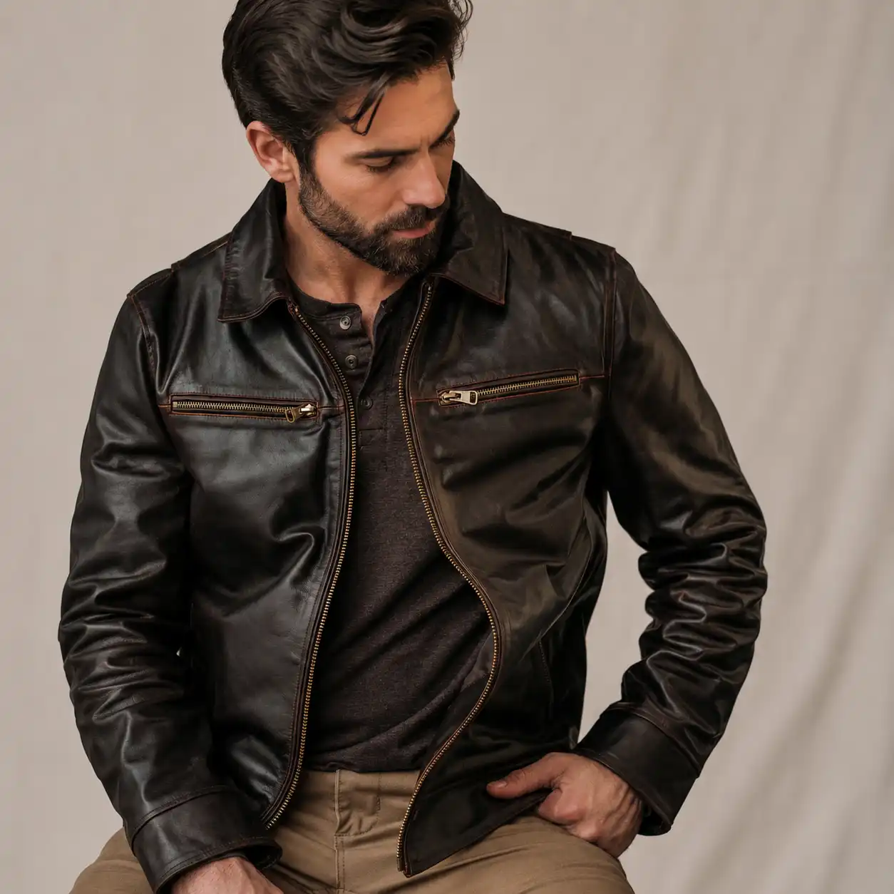 Men's Full Grain Cow Leather Brown Leather Jacket