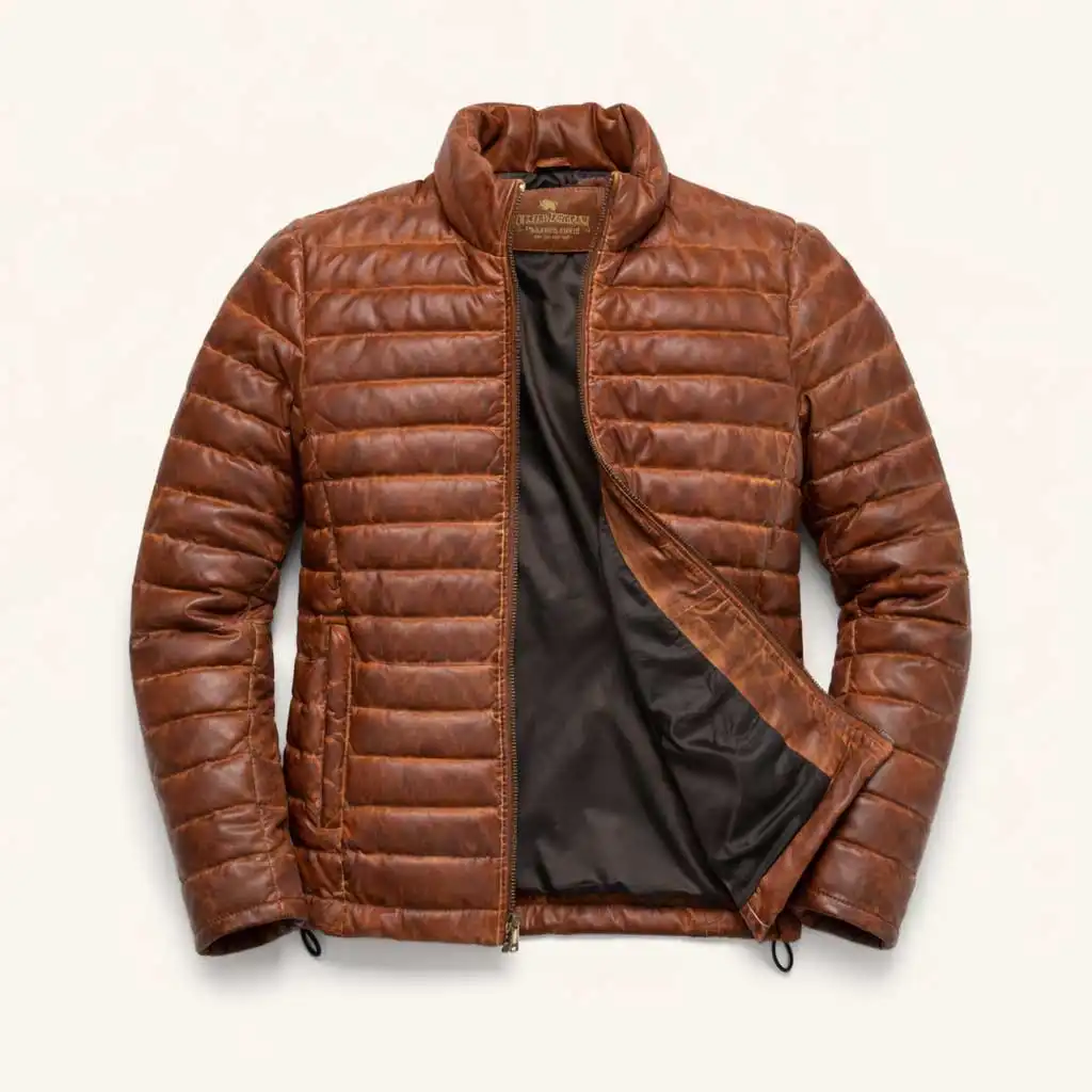 100% Full Grain Lambskin Brown Leather Puffer Jacket