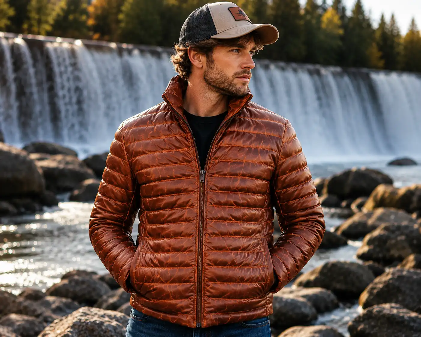 100% Full Grain Lambskin Brown Leather Puffer Jacket