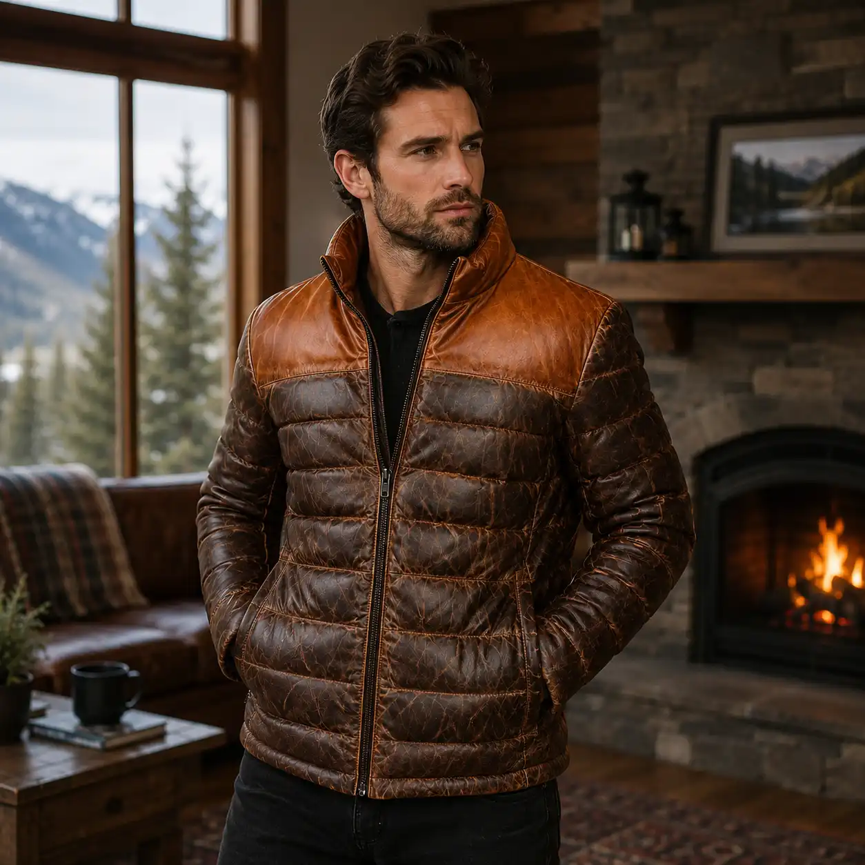 100% Full Grain Lambskin Tan & Brown Leather Puffer Jacket