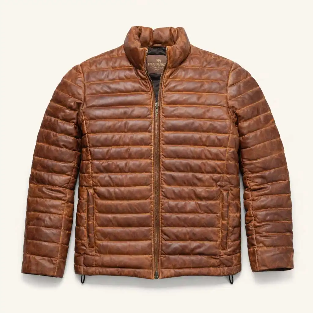 100% Full Grain Lambskin Brown Leather Puffer Jacket