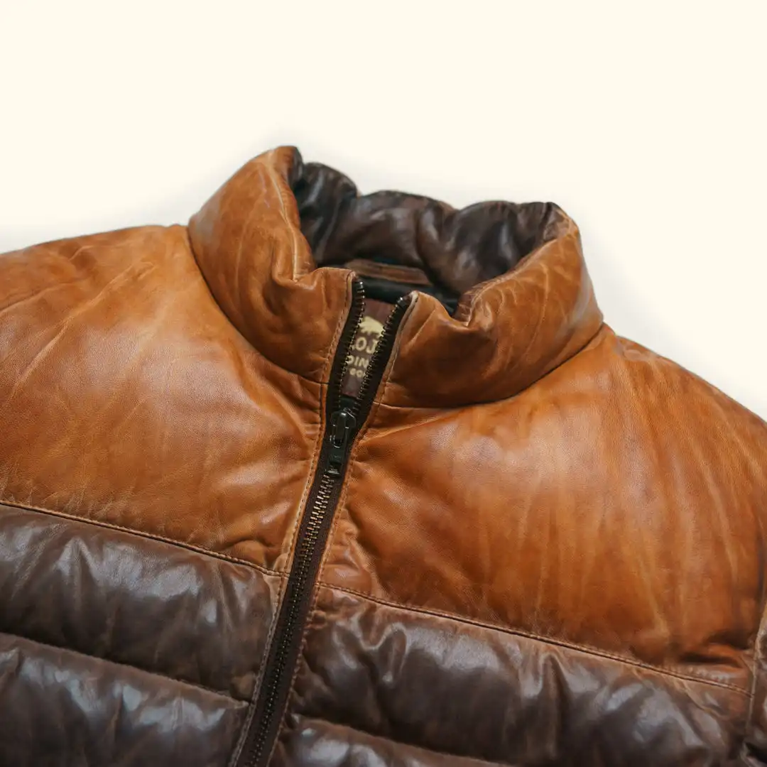 100% Full Grain Lambskin Tan & Brown Leather Puffer Jacket