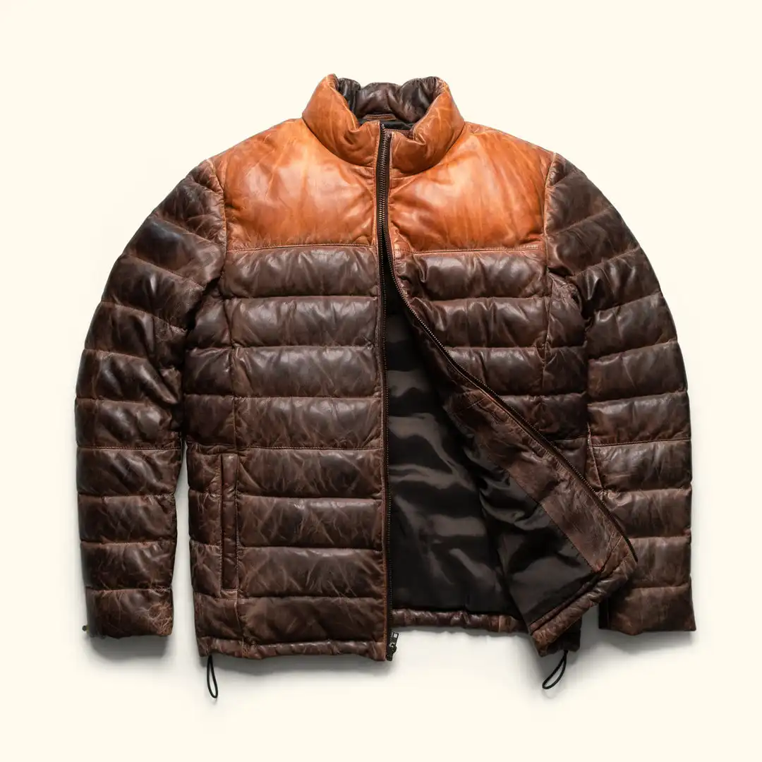 100% Full Grain Lambskin Tan & Brown Leather Puffer Jacket